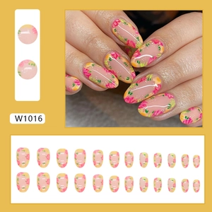 Oval press-on nails with sweet pink flower patterns on translucent pink base set