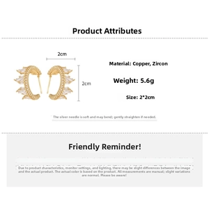 Detailed view of gold C-shape stud earrings with zircon inlay and product measurements