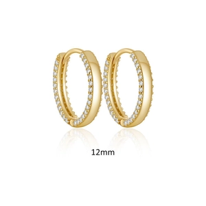 Detail showing 12mm gold double-row pavé hoop earrings with shimmering white cubic zirconia
