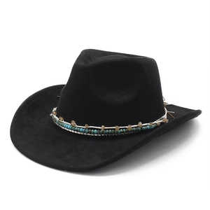 Classic black suede cowboy hat featuring a bohemian turquoise and wood bead hatband