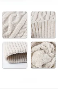 Detailed macro view of beige cable knit texture and thick warm faux fleece lining