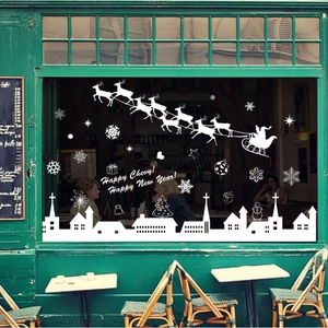 Christmas Window Stickers PVC Reindeer Santa Claus Snowflake Village Silhouette Removable Festive New Year Glass Decor