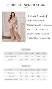 Detailed size chart for plus size satin pajama set including bust and waist measurements