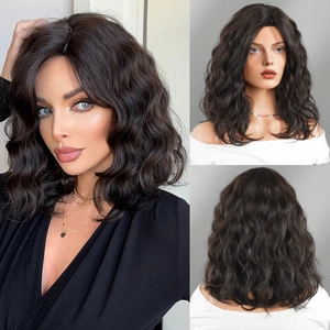 Women Mid Length Wavy Curly Synthetic Wig Heat Resistant Fiber Natural Side Part Bob Style Breathable Adjustable Cap