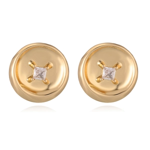 Minimalist gold plated button earrings with square cubic zirconia in professional studio shot