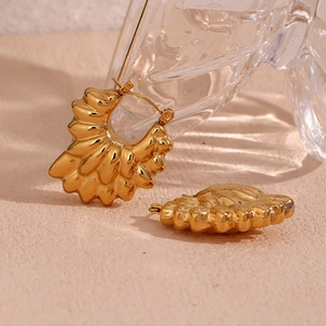 Detailed close-up of 18K gold-plated double-layer hollow petal rib earrings