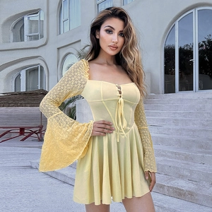 Square Neck Mini Dress Long Lace Flared Sleeve Lace Up Corset Waist Bodycon Elegant Party Sexy Wear For Women