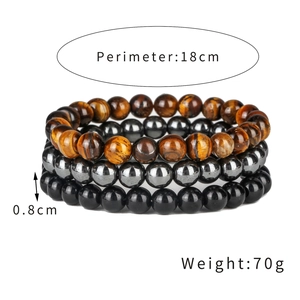 Three-layer stretch bead bracelet set with tiger eye, obsidian, and hematite 8mm stones