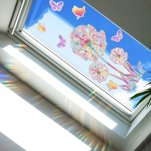 Rainbow prism window film with dandelion and butterfly patterns on glass surface
