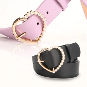 Black and pink faux leather belts for women with pearl-studded heart-shaped buckles