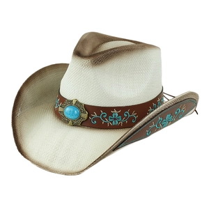Cappello da cowboy in paglia beige con fibbia in turchese e cinturino ricamato