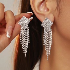 Elegant Copper Long Tassel Drop Earrings With Rhinestone Inlaid Geometric Square Dangle Earrings For Wedding Party Women Jewelry