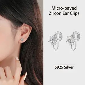 925 Sterling Silver Micro Pave Zirconia Sun Flower Clip On Earrings For Women Non Pierced Fashion Floral Jewelry Ear Clips