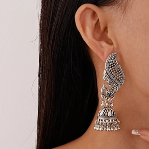 Boucles d'oreilles ethniques paon jhumka avec glands clochettes en argent vintage
