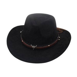 Detail of western cowboy hat featuring a leather band and metallic bull skull ornament
