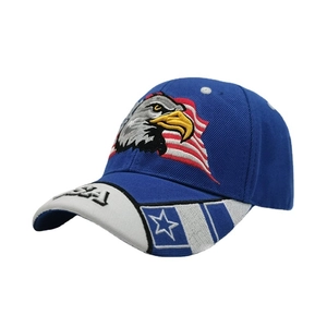 Blue and white baseball cap with American flag eagle embroidery and USA brim detail