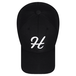Classic black six-panel cotton baseball cap featuring 3D white embroidered H on front