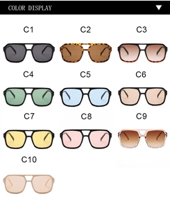 Color palette display of square double-bridge sunglasses in ten vibrant lens options