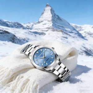 Close-up of a silver quartz watch with a light blue dial set against a snowy mountain backdrop