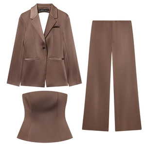 Women Satin Backless Blazer Strapless Tube Top And High Waist Wide Leg Pants Elegant Solid Color Streetwear
