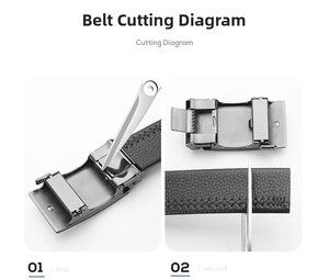 Men's leather belt cutting diagram showing step-by-step length adjustment instructions