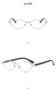 Detailed front and side view of silver geometric metal frames with black temple tips