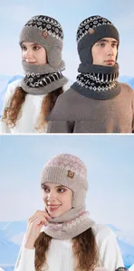 Detail of warm winter knit hat and neck gaiter set with thick plush fleece lining