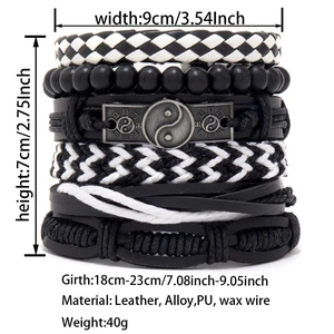 Detailed view of men's woven leather bracelet set with Yin Yang charm and size specs