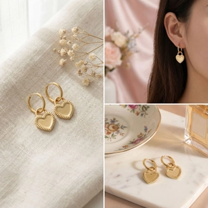 Detailed views of gold heart earrings showing textured pendant and model-worn look