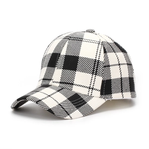 Detail of classic black and white plaid pattern on a 6-panel baseball cap crown