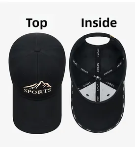 Detail view of black sports baseball cap with mountain embroidery and inner structure