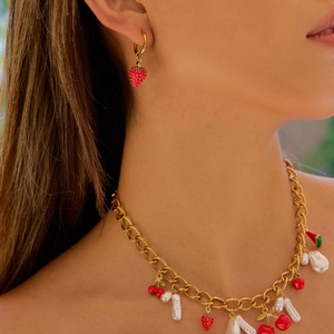 Elegant gold chain necklace and earrings set with red cherry and pearl pendants