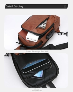 Detail of waterproof leather sling bag showing anti-theft combination lock and interior storage