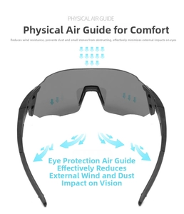 Physical air guide design on sports cycling goggles with large grey integrated lens