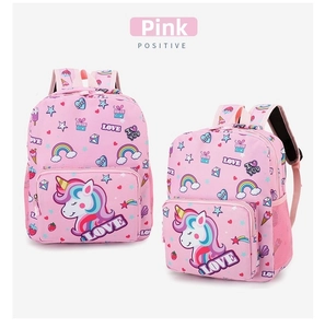 Pink unicorn kids backpack with rainbow prints and embroidered LOVE patch detail