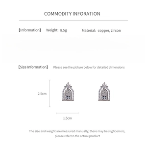 Detailed spec sheet showing 2.5cm by 1.5cm zircon oval earrings with copper material info