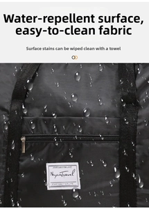 Detail of waterproof Oxford fabric showing water droplets on black travel storage bag