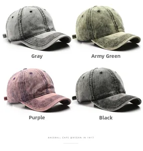 Detailed grid of vintage washed cotton baseball caps in gray, army green, purple, and black