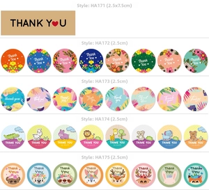 Macro detail of various floral and animal Thank You adhesive labels in different sizes