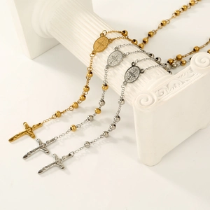 Golden and silver stainless steel rosary necklaces with St. Benedict medal and cross pendant