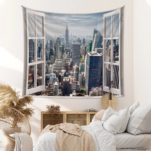 Close-up of bohemian 3D faux window tapestry with city skyline for wall decoration