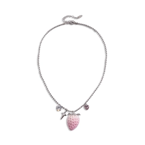 Pink flocking strawberry and heart zircon pendant necklace with silver bead chain