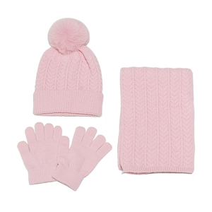 Rosa Zopfstrick Winterset für Kinder mit Bommelmütze, Schal und warmen Handschuhen