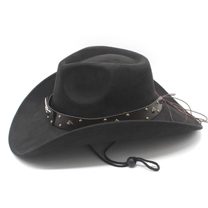 Detail of black suede cowboy hat with studded leather band and adjustable chin strap