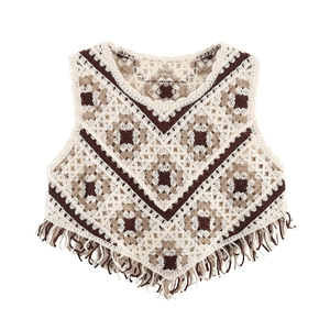 Women Bohemian Crochet Vest Polyester Geometric V Neck Sleeveless Knit Top With Tassels Vintage Style