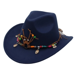Classic dark blue western cowboy felt hat with ethnic beaded band and shell accents
