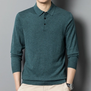 Classic dark green men's long sleeve knit polo sweater with ribbed cuffs and hem
