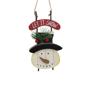 Wooden snowman Christmas tree ornament with Let It Snow text and hanging jute rope