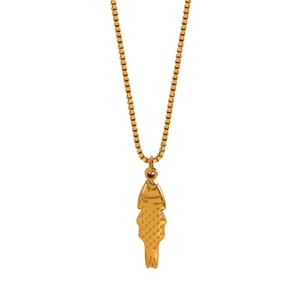 Detailed close-up of golden box chain necklace featuring a textured koi fish pendant