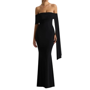 Slim fit black off-shoulder long dress with elegant side ribbon and fisheye hem